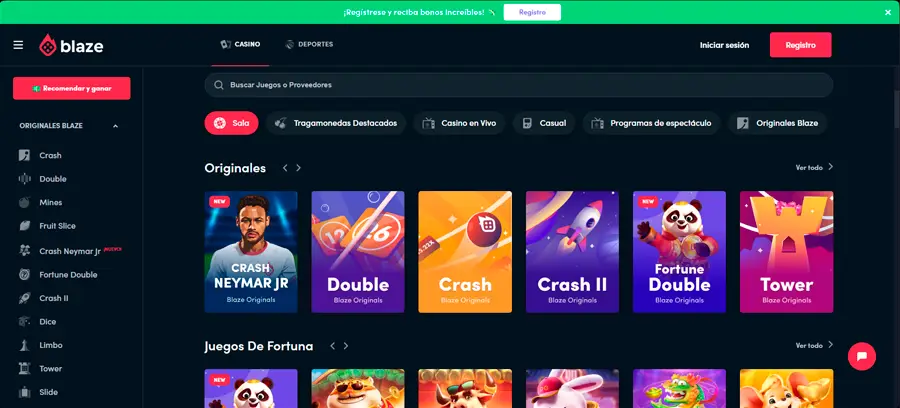 La interfaz de Blaze Casino es moderna con un diseño intuitivo que permite una navegación fácil y fluida.
