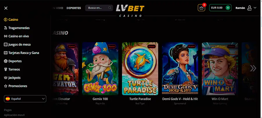 La interfaz deLV Bet Casino, es muy intuitiva, la distribución de las secciones tanto en el menú principal como en el lateral ayuda a encontrar lo que buscas rápidamente. 