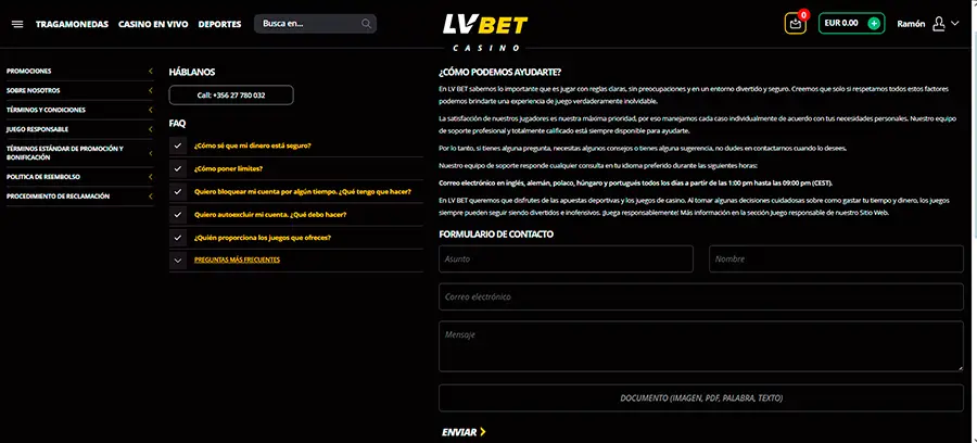 El servicio de atención al cliente de LV Bet Casino se enfoca en el autoservicio con base en la sección de preguntas frecuentes y el formulario de solicitudes.