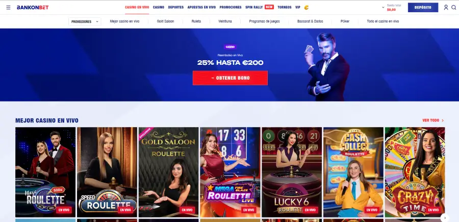 Casino en vivo de Bankonbet. En la parte superior, podemos ver el bono de bienvenida para esta sección del sitio.