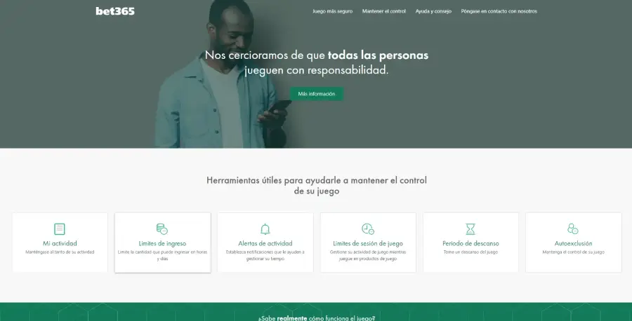 Sección de Juego Responsable de Bet365, donde puedes acceder a herramientas como autoexclusión y límites de ingreso.