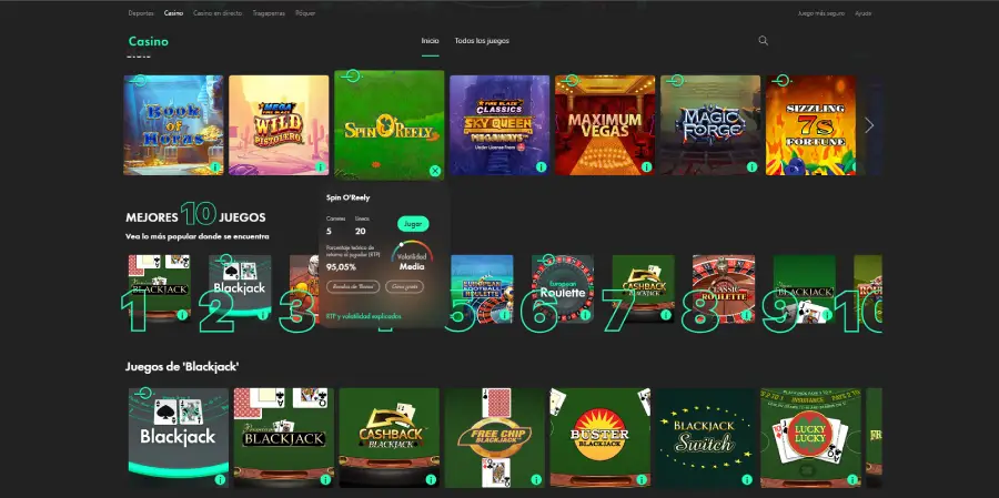 Área de juegos de Bet365. Los botones verdes con la "i" despliegan información sobre cada juego.