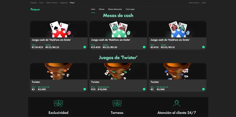 Sección de póker online de Bet365, con mesas de cash y juegos "Twister" con enormes botes a repartir.