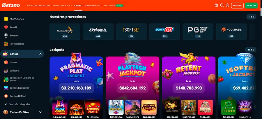 Extenso catálogo de juegos disponibles en Betano Casino