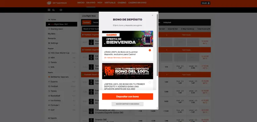 El bono de bienvenida de BetWarrior ofrece un 200% hasta $200 USD.