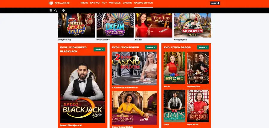 Sección de casino en vivo de BetWarrior.