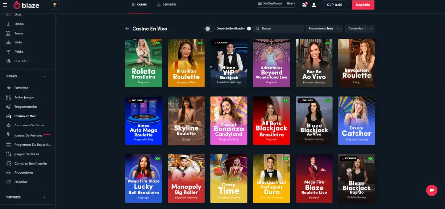 Sección de casino en vivo de Blaze.