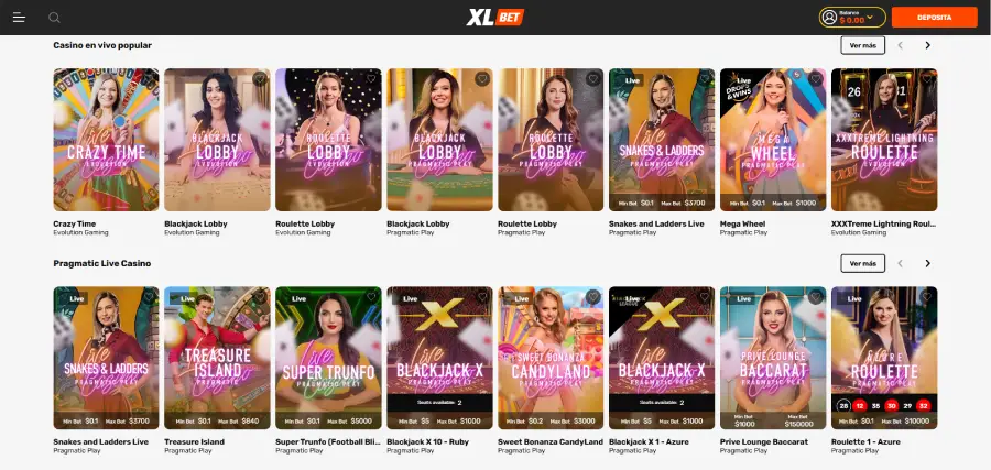 Selección de títulos del casino en vivo de XLBet Casino.