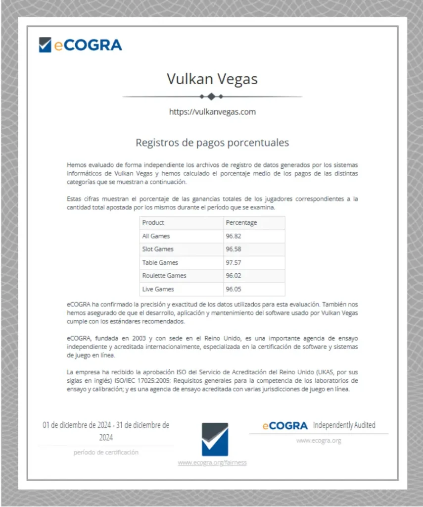 Vulkan Vegas tiene un informe certificado por eCOGRA, que garantiza transparencia y fiabilidad.
