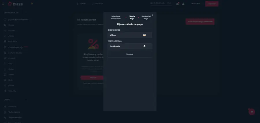 Ventana de depósito en Blaze Casino.
