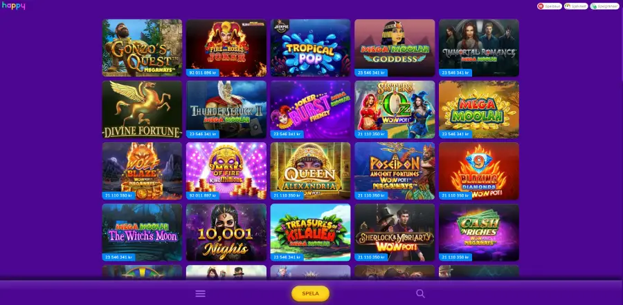 Los juegos con bote progresivo de Happy Casino incluyen jackpots épicos como el de Mega Moolah y el WOWPot.