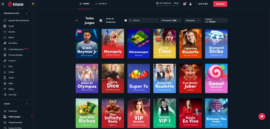 Selección de juegos destacados en Blaze Casino.