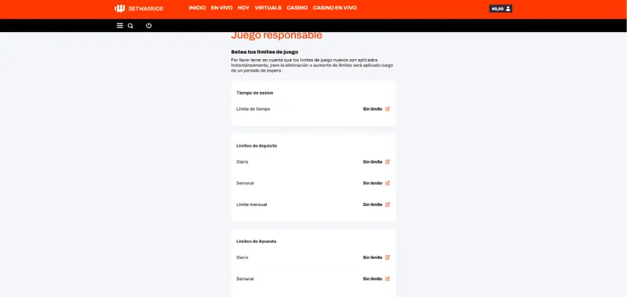 Las herramientas de Juego Responsable de BetWarrior se configuran en tu perfil.