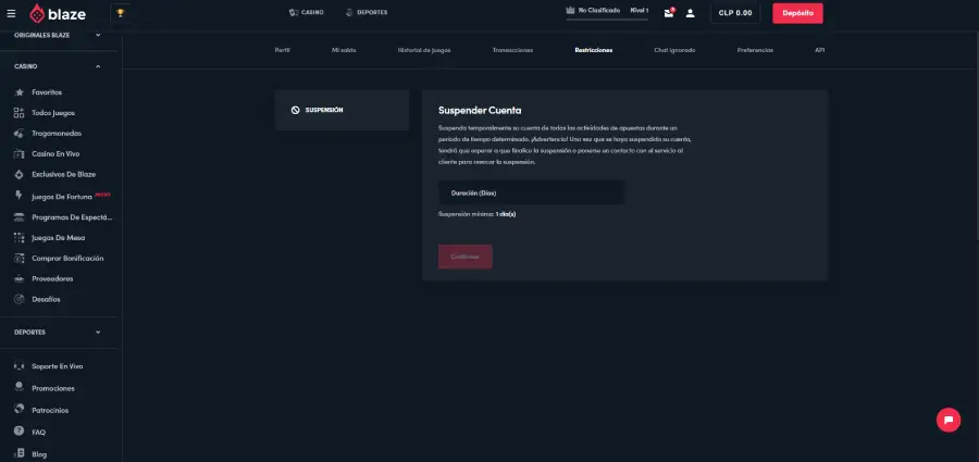 No encontré herramientas de Juego Responsable en Blaze durante mi auditoría.