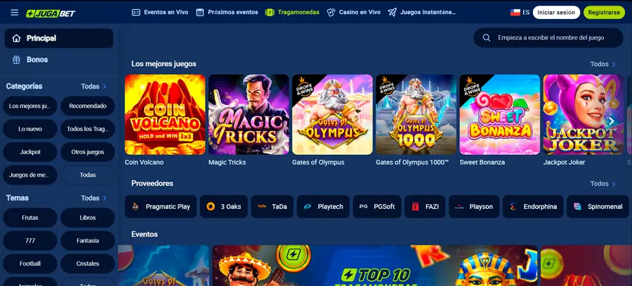 La página principal está organizada en secciones destacadas de tragamonedas, juegos de mesa, casino en vivo y promociones.