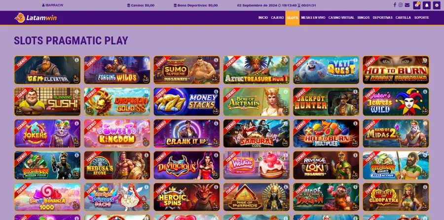 El área de "Slots" contiene todas las tragamonedas de video que ofrece Latamwin.