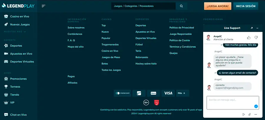Los representantes de Atención al cliente de  LegendPlay responden de forma rápida, amigable y oportuna