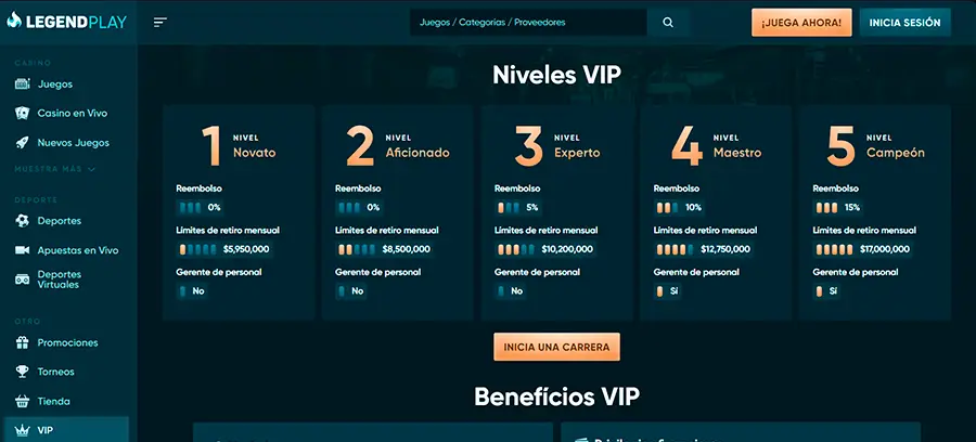 El club VIP de LegendPlay Casino está bien diseñado y es claro para recompensar a los jugadores frecuentes con beneficios exclusivos