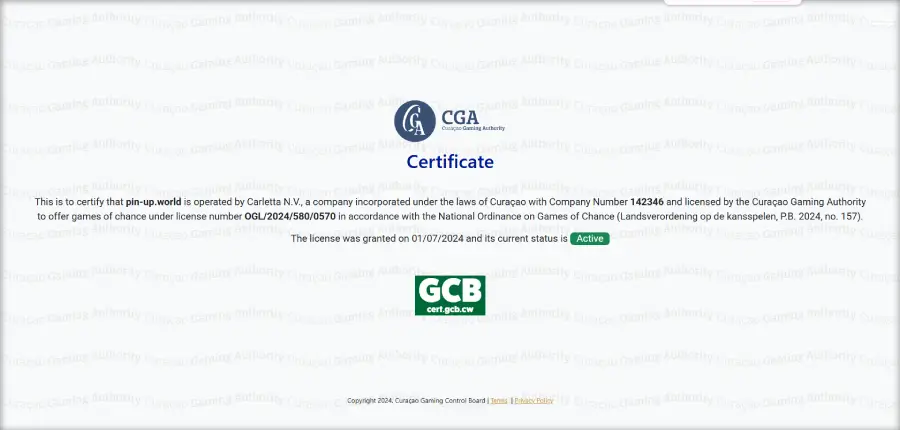 Pin-Up Casino está licenciado por la Curaçao Gaming Control Board.
