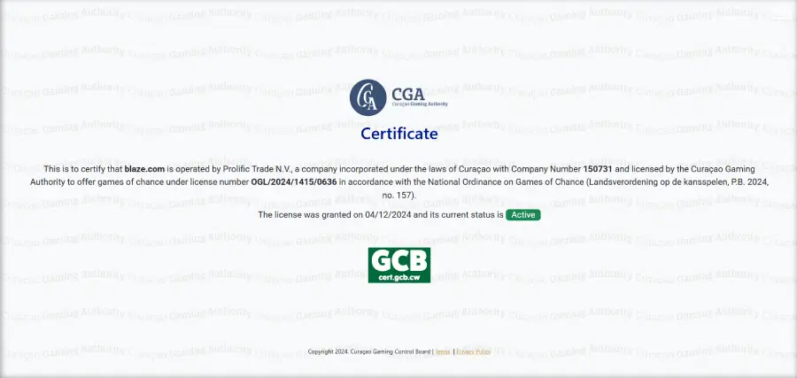 El casino de internet Blaze está regulado por Curazao, una licencia popular en el mercado.