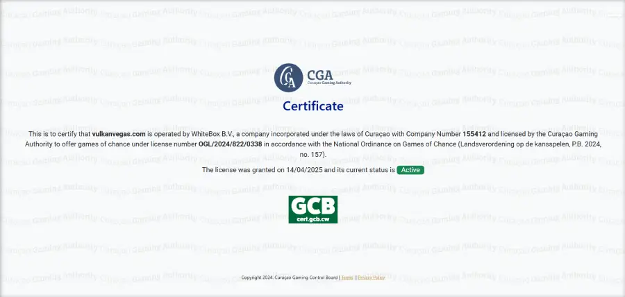 Certificado de operación de Vulkan Vegas Casino.
