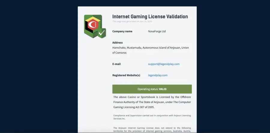Certificado de operación de LegendPlay al que puedes acceder desde el pie de página de su sitio web.