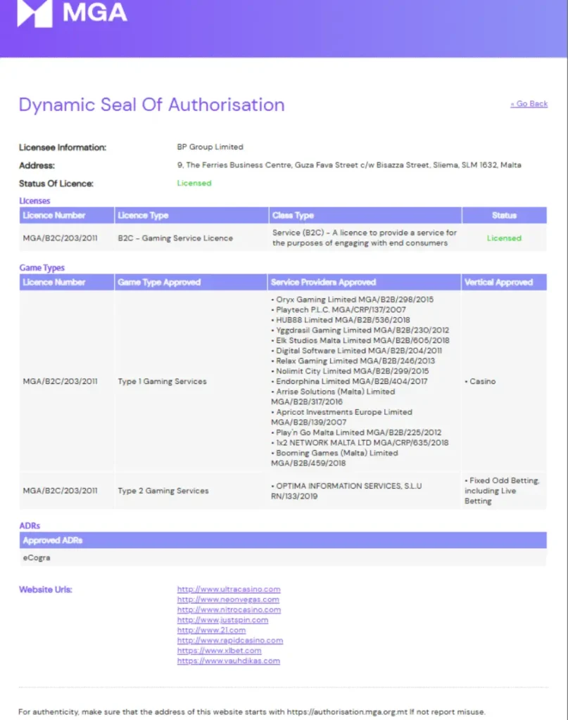 Certificado de autorización de juego otorgado por la MGA al casino de internet de XLBet.