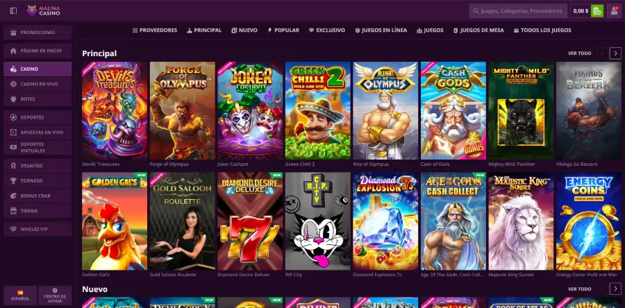 Malina Casino tiene juegos de proveedores reconocidos, como puedes ver en la imagen.