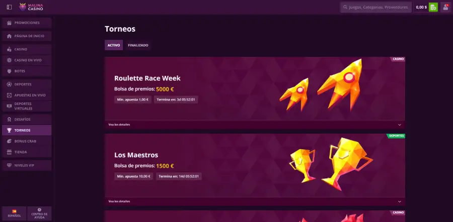 Los torneos de Malina Casino ofrecen premios de €1,500 o más.