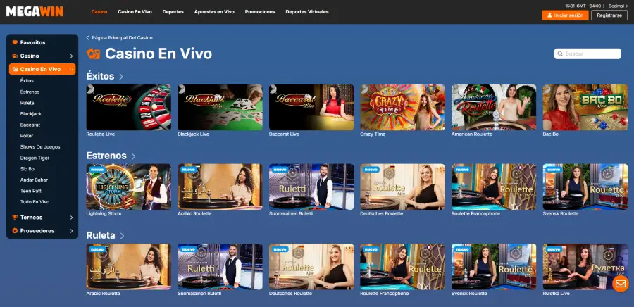 El casino en vivo de Megawin es muy fácil de navegar gracias al menú de navegación ubicado a la izquierda de tu pantalla.