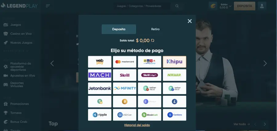 Métodos de depósito disponibles en LegendPlay.