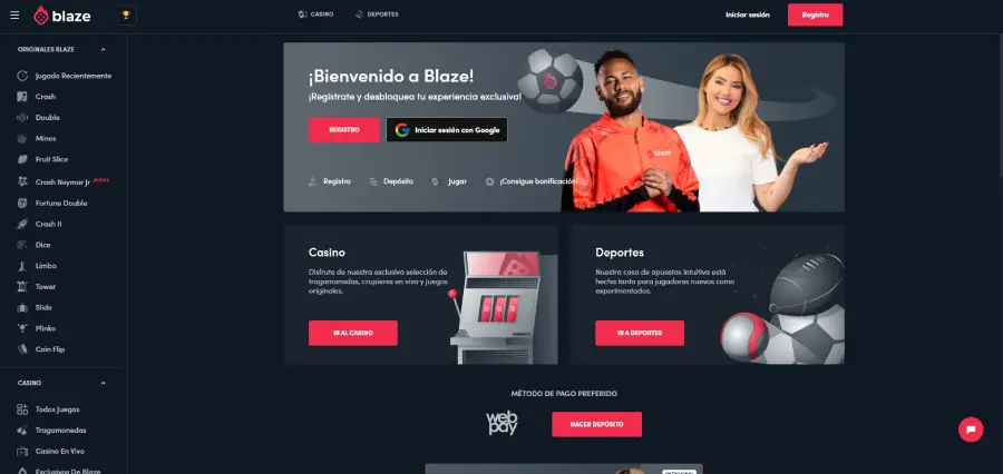 En la página principal de Blaze destaca la imagen del futbolista Neymar Jr.