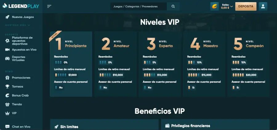 El programa VIP de LegendPlay está estructurado en 5 niveles.