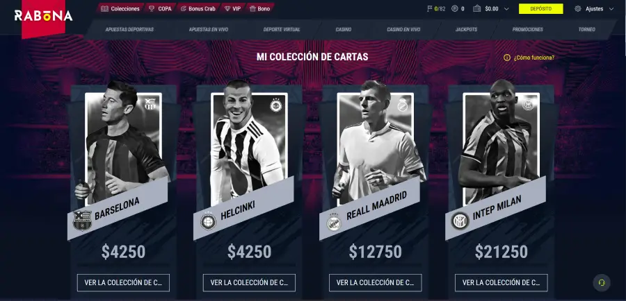 Así se ven las colecciones de cartas de Rabona Casino, un bono único y disponible en esta plataforma.