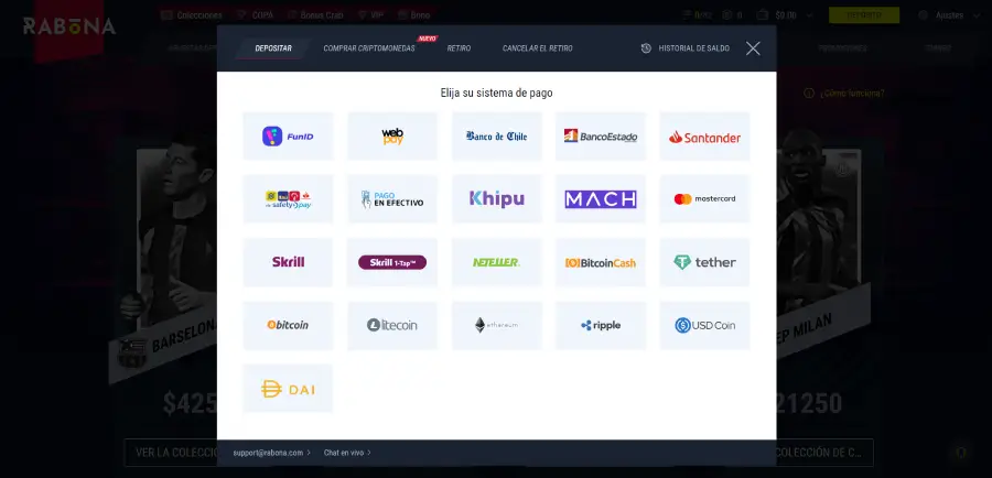 La sección de medios de pago de Rabona Casino combina métodos de pago locales, internacionales y criptomonedas.