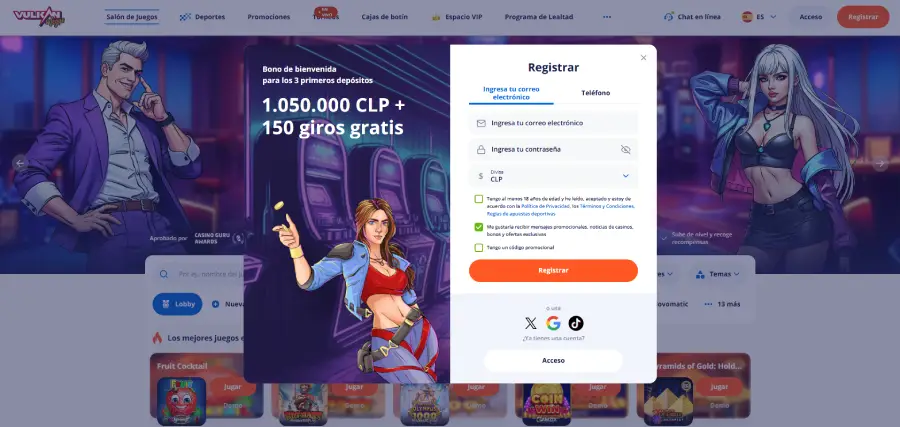 El registro en Vulkan Vegas puede ser manual o autocompletando datos con otras redes sociales. 