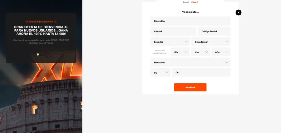 Formulario para crear una cuenta en el casino online XLBet.