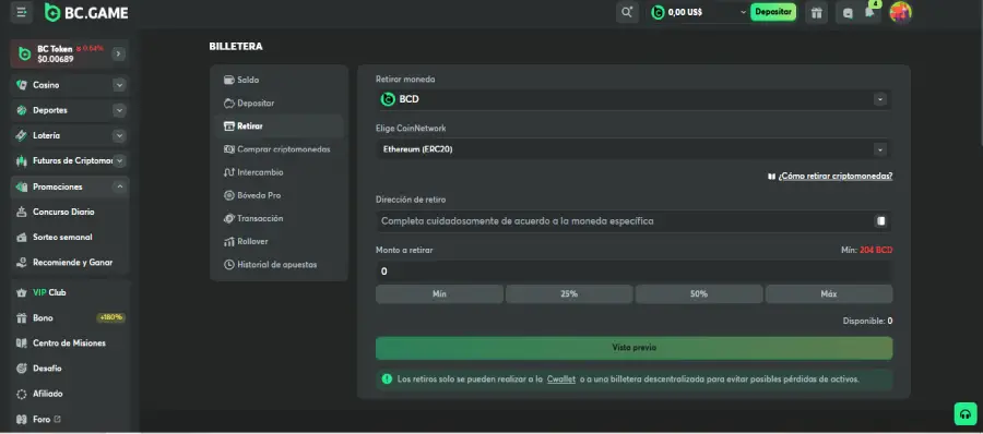 Retiro de ganancias en BC.Game. 