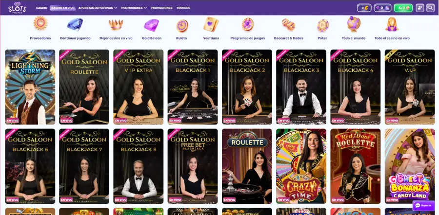 El casino en vivo de Slots Palace cuenta con una extensa selección de juegos, como puedes ver en la imagen.