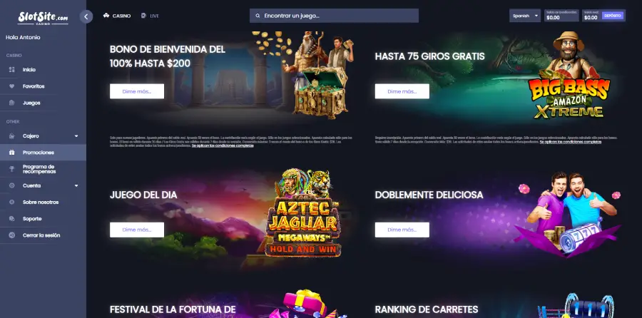 Sección de bonos de Slot Site. Todos los bonos se muestran en dólares americanos.