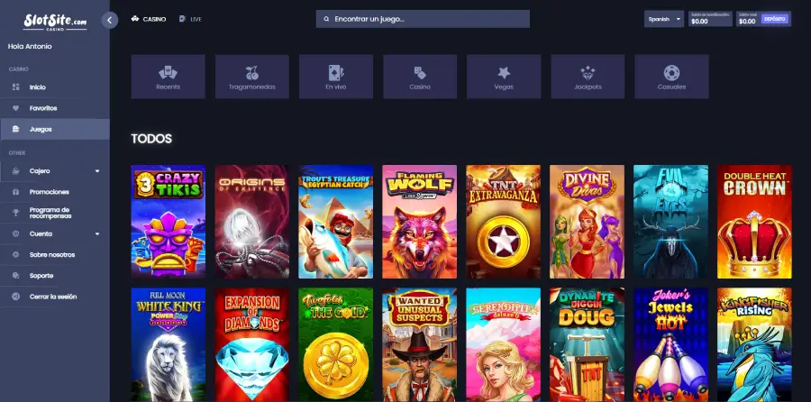 El área de juegos de Slot Site está repleto de juegos de proveedores reconocidos, aunque también alberga títulos de poco renombre.