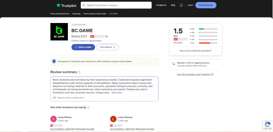 BC.Game tiene una mala reputación en Trustpilot.