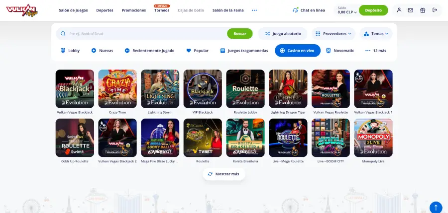 Sección de juegos en vivo de Vulkan Vegas Casino.