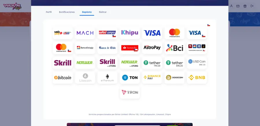 Selección de medios de pago de Vulkan Vegas en Chile. Combina medios locales con criptomonedas.
