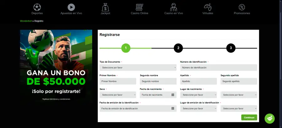 El proceso de registro de Wonderbet Casino es rápido, pero tedioso