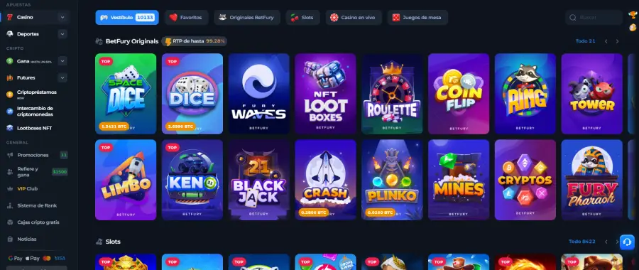 El casino ofrece más de 10,000 títulos, incluyendo juegos originales con un RTP de más de 99%.