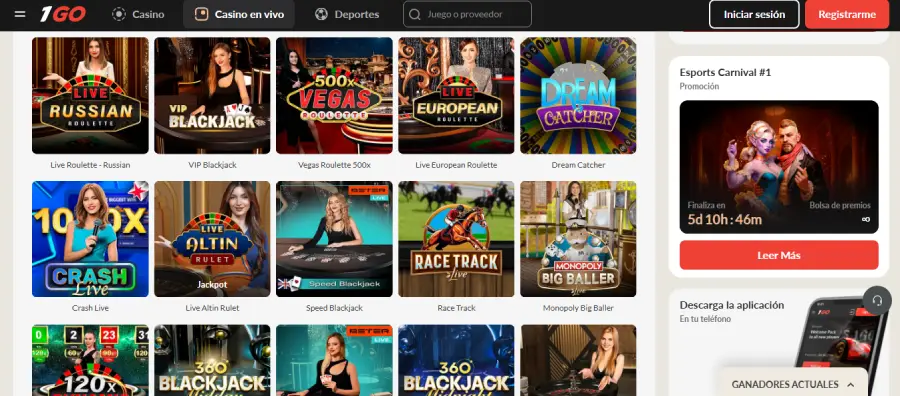 Sección de casino en vivo de 1Go.