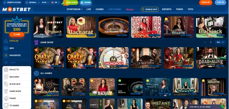 Juegos de casino en vivo de Mostbet.