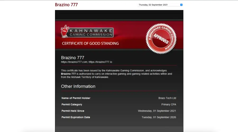 Licencia de juego del casino online Brazino777 emitida por Kahnawake. 