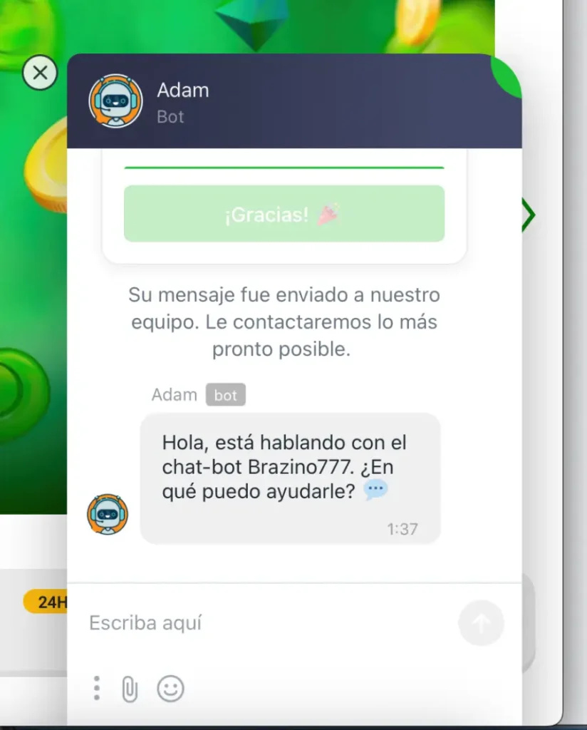 En Brazino777 primero te atiende un bot. 